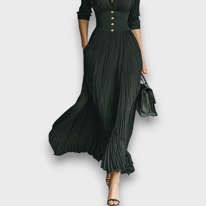 Damen-Maxikleid Mit Langen Ärmeln, Faltenrock, Wendekragen Und Knopfleiste