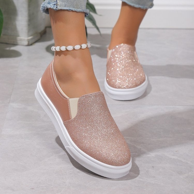 Women's slip-ons with round toe, sequins, elastic band, and flat rubber sole