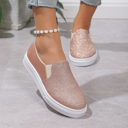 Women's slip-ons with round toe, sequins, elastic band, and flat rubber sole