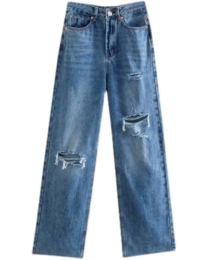 Damen Dunkelblaue Gerade Hose mit weitem Bein und Reißverschlussknopf