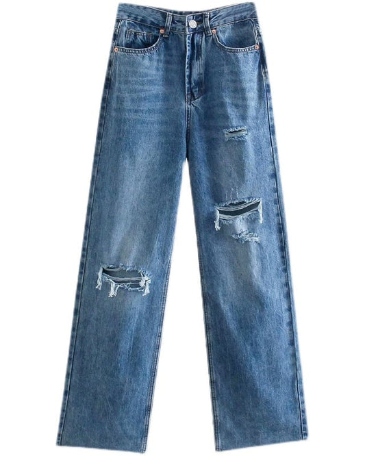 Damen Dunkelblaue Gerade Hose mit weitem Bein und Reißverschlussknopf