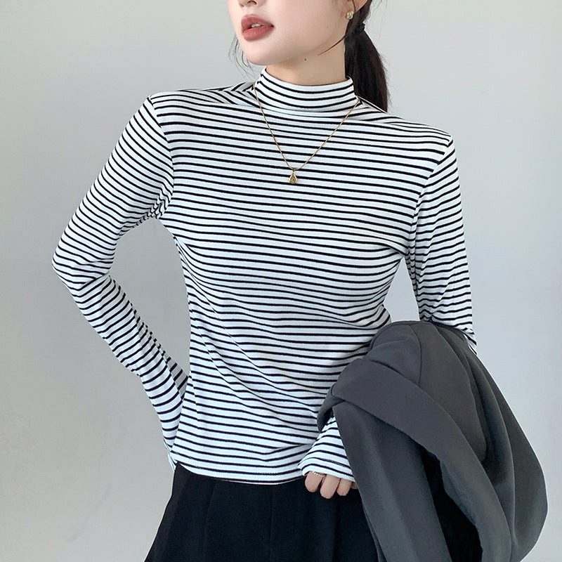 Women's shirt with half collar, long sleeves, and pinstripes