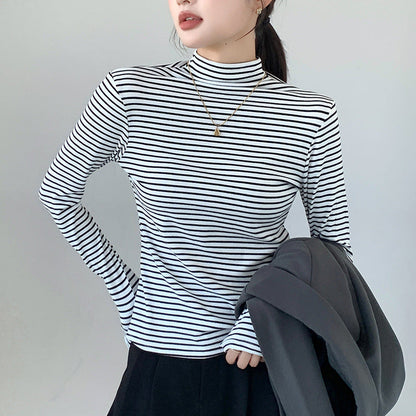 Women's shirt with half collar, long sleeves, and pinstripes