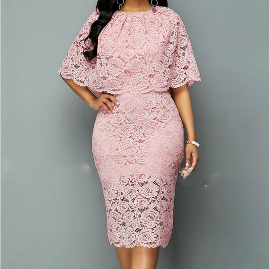 Rosa Spitzenkleid für Damen, knielang, elegantes Design, perfekt für Abendveranstaltungen oder Hochzeiten, modische Damenbekleidung.