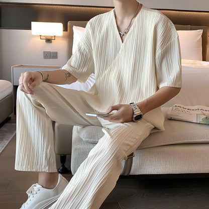 Herren-Zweiteiler Mit Kragen, Kurzarmhemd Und Hose Im Four Seasons Design, Gerader Schnitt, Mittelhoher Bund