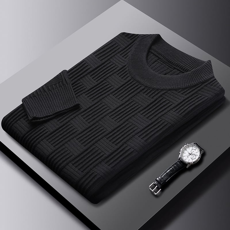 Men's Sweater with Round Neckline and Jacquard Checkered Pattern