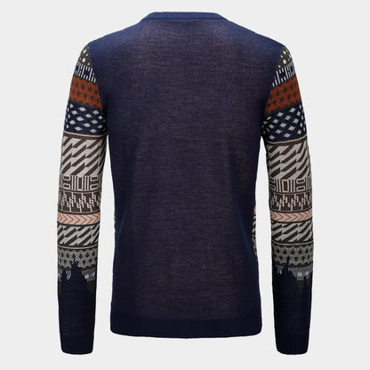 Men's Crew Neck Sweater Contrast Jacquard Long Sleeve – Cotton Blend