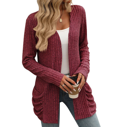 Women's knitted jacket with long sleeves, plain, with pockets