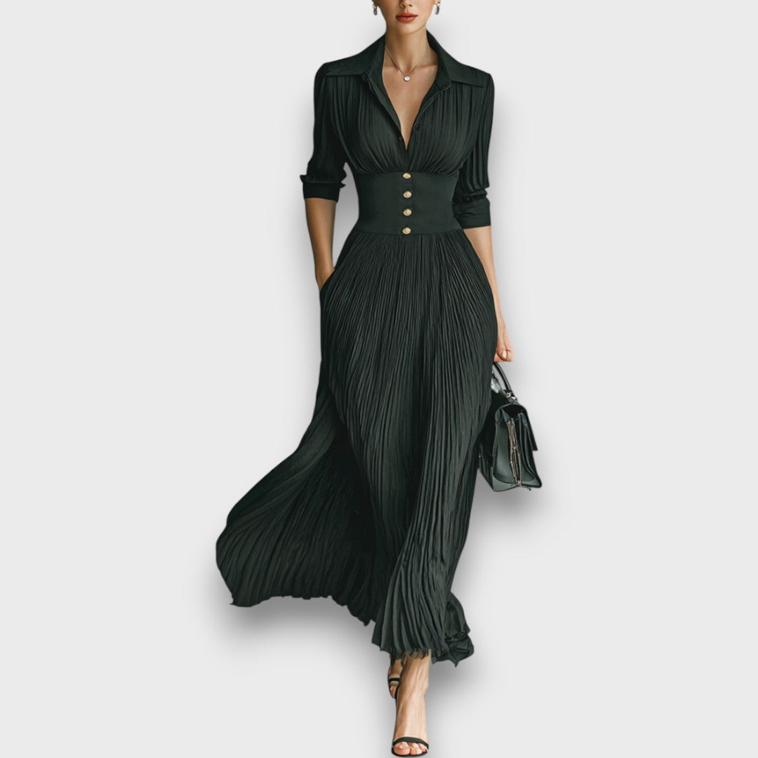 Damen-Maxikleid Mit Langen Ärmeln, Faltenrock, Wendekragen Und Knopfleiste