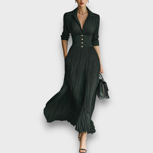 Damen-Maxikleid Mit Langen Ärmeln, Faltenrock, Wendekragen Und Knopfleiste
