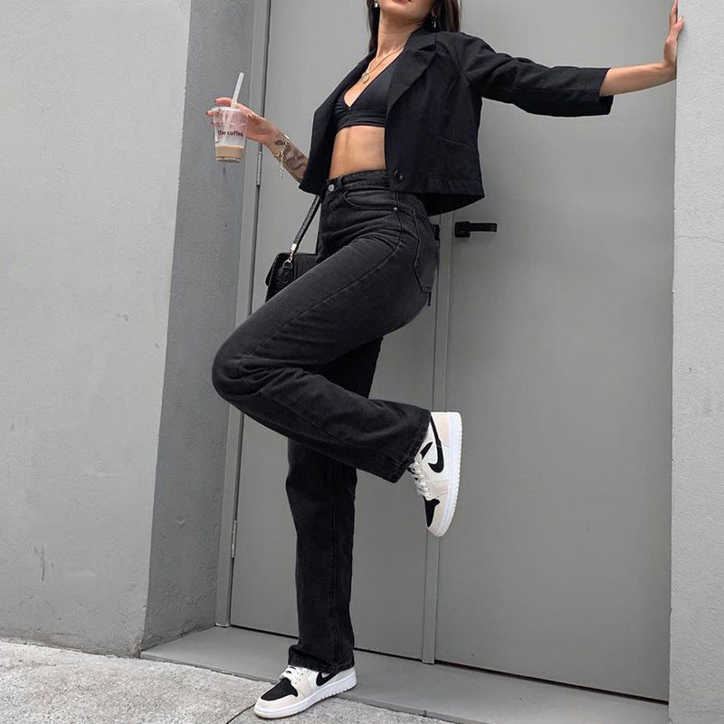 Damen-Jeans mit hohem Bund und geradem Bein, Schwarz – Baumwoll-Mix Stil