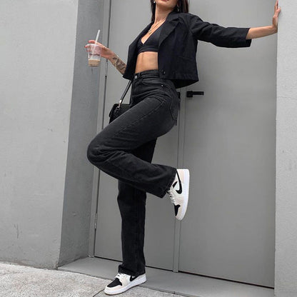 Damen-Jeans mit hohem Bund und geradem Bein, Schwarz – Baumwoll-Mix Stil