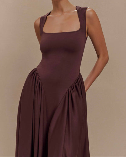 Damen Midikleid mit Karree Ausschnitt – Faltendetails Taillierte Silhouette