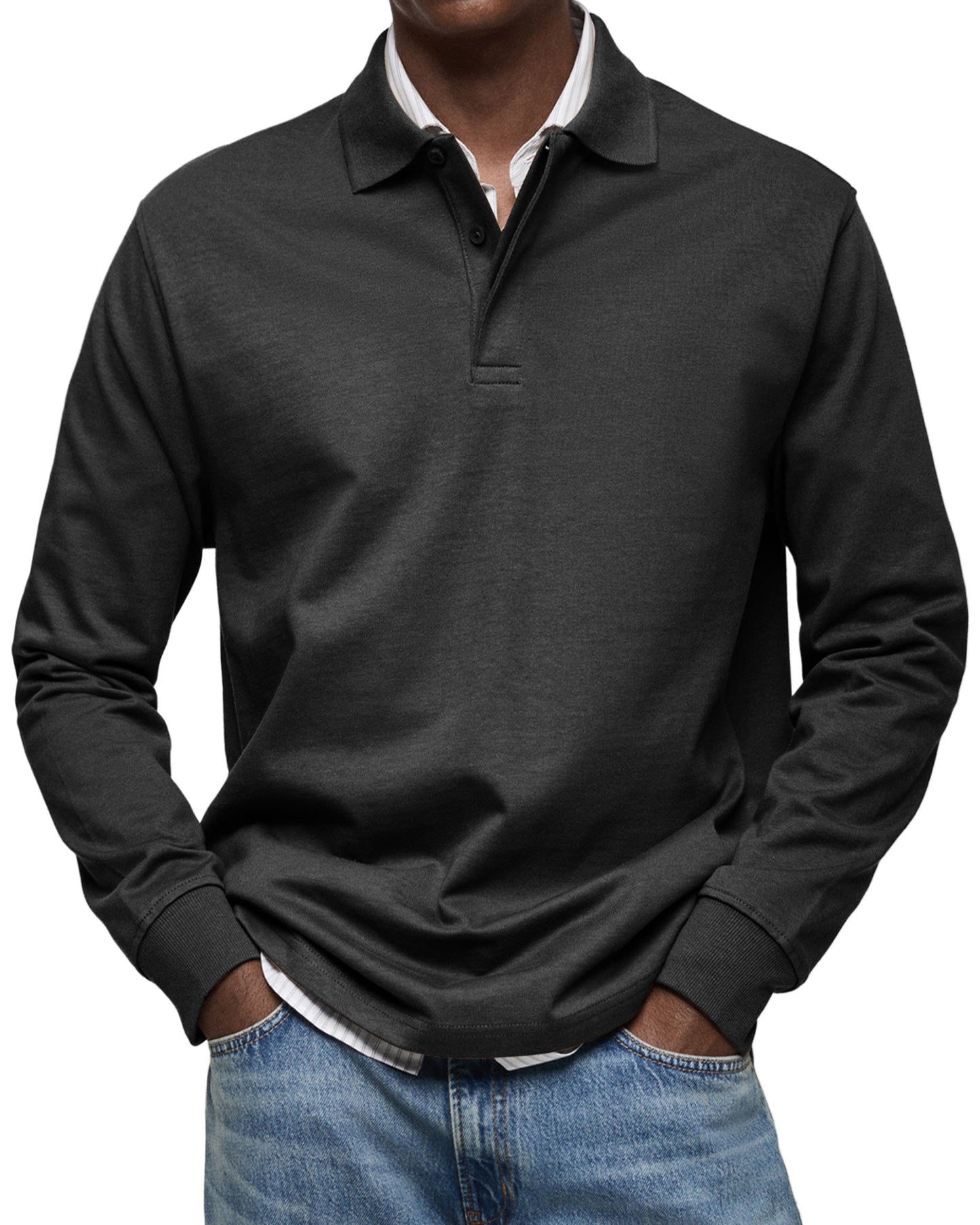 Men's Long-Sleeve Polo Shirt with Structured Collar and Button Placket