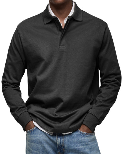 Men's Long-Sleeve Polo Shirt with Structured Collar and Button Placket