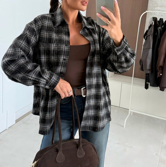 Women's winter coat with single-breasted button row, rhinestone check pattern, and long sleeve