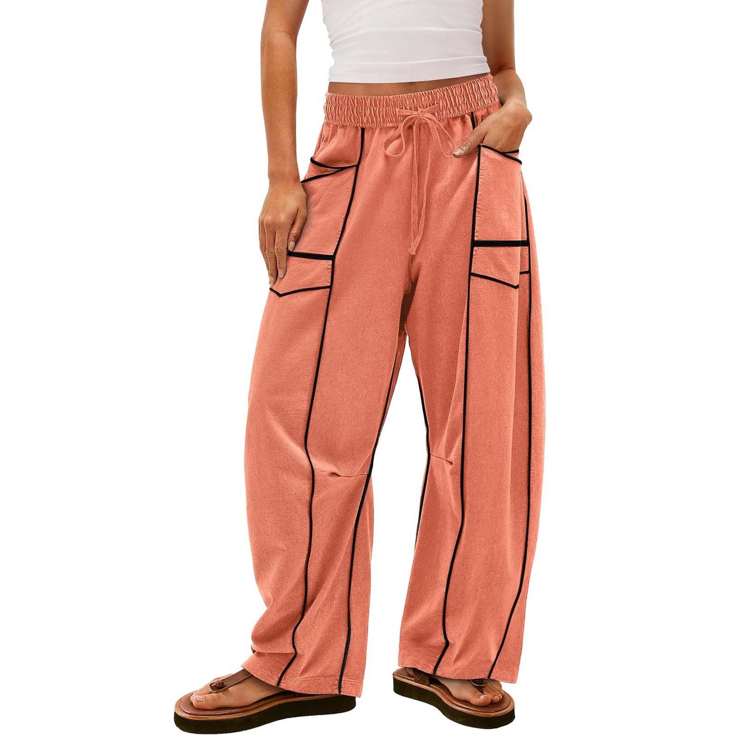 Women's Wide Pants with Drawstring, Striped Design and Side Pockets