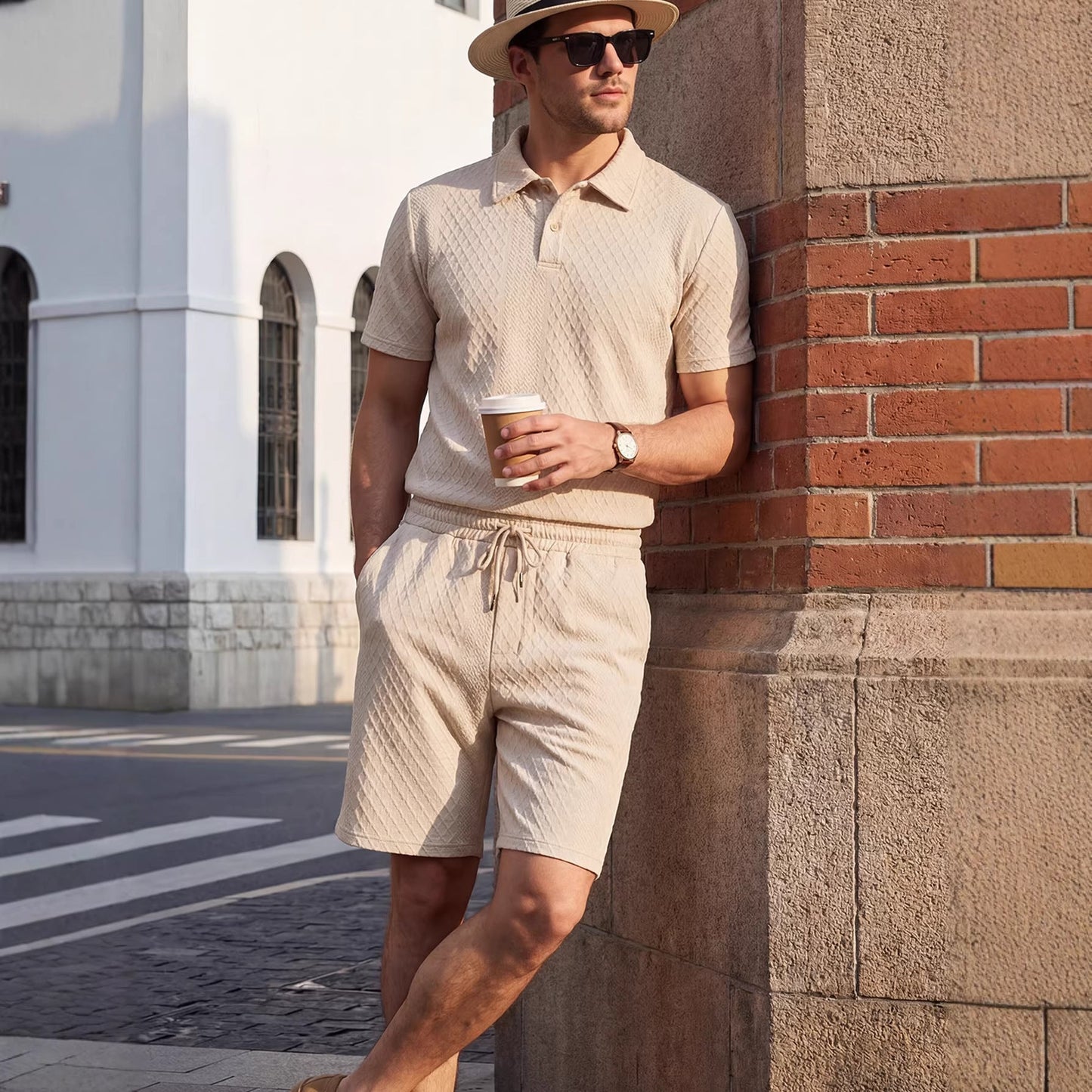 Men's Polo Shirt with Zipper and Long Pants, Two-Piece Set in Sporty Style, Light Khaki, Polyester Fiber