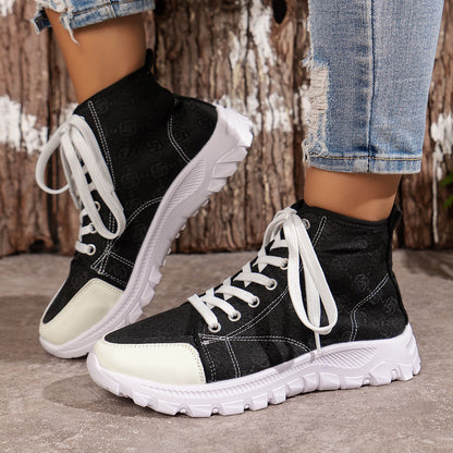 Damen Schnür Kurzstiefel mit runder Spitze und Rosenprint – Canvas Style