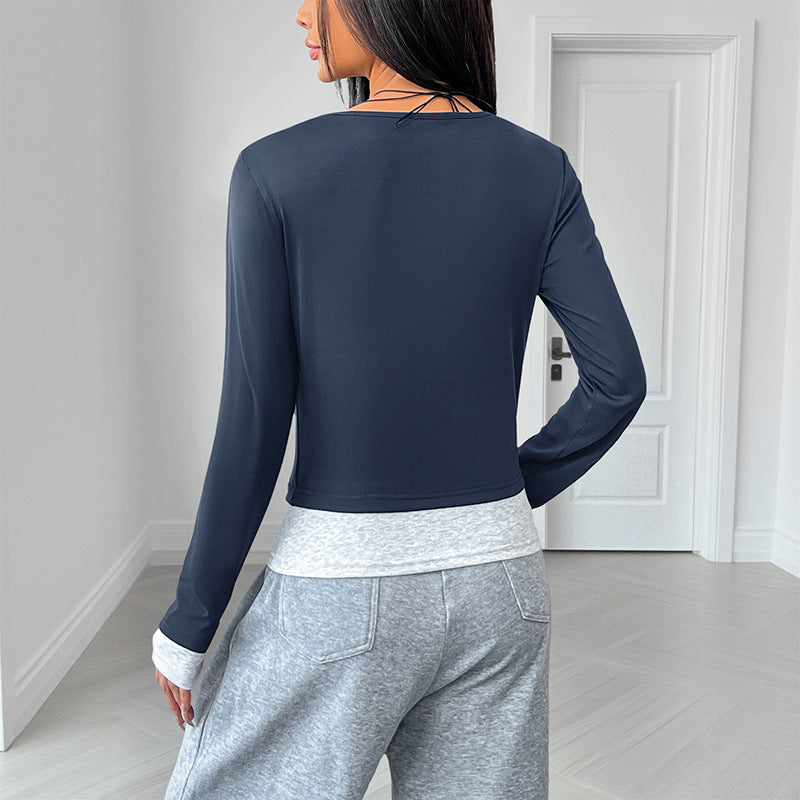 Damen Langarm-Top Mit Slim-Fit-Passform, Rundhalsausschnitt Und Fake-Two-Piece-Design