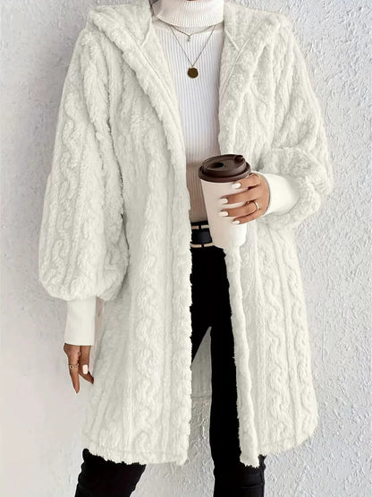 Women's Long Hooded Coat with Plush and Ribbed Cuffs – Comfortable Style