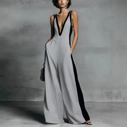 Ärmelloser Damen-Jumpsuit Mit V-Ausschnitt Und Weitem Bein Sowie Kontrastierendem Patchwork-Design