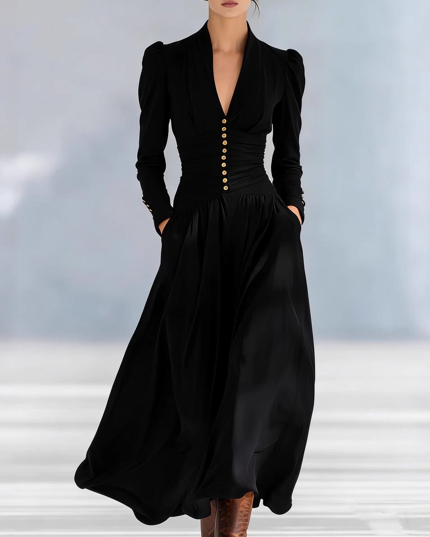 Damen Herbstkleid, Figurbetont, Hochtailliert, Plissiert, Mittellang, Einfarbig