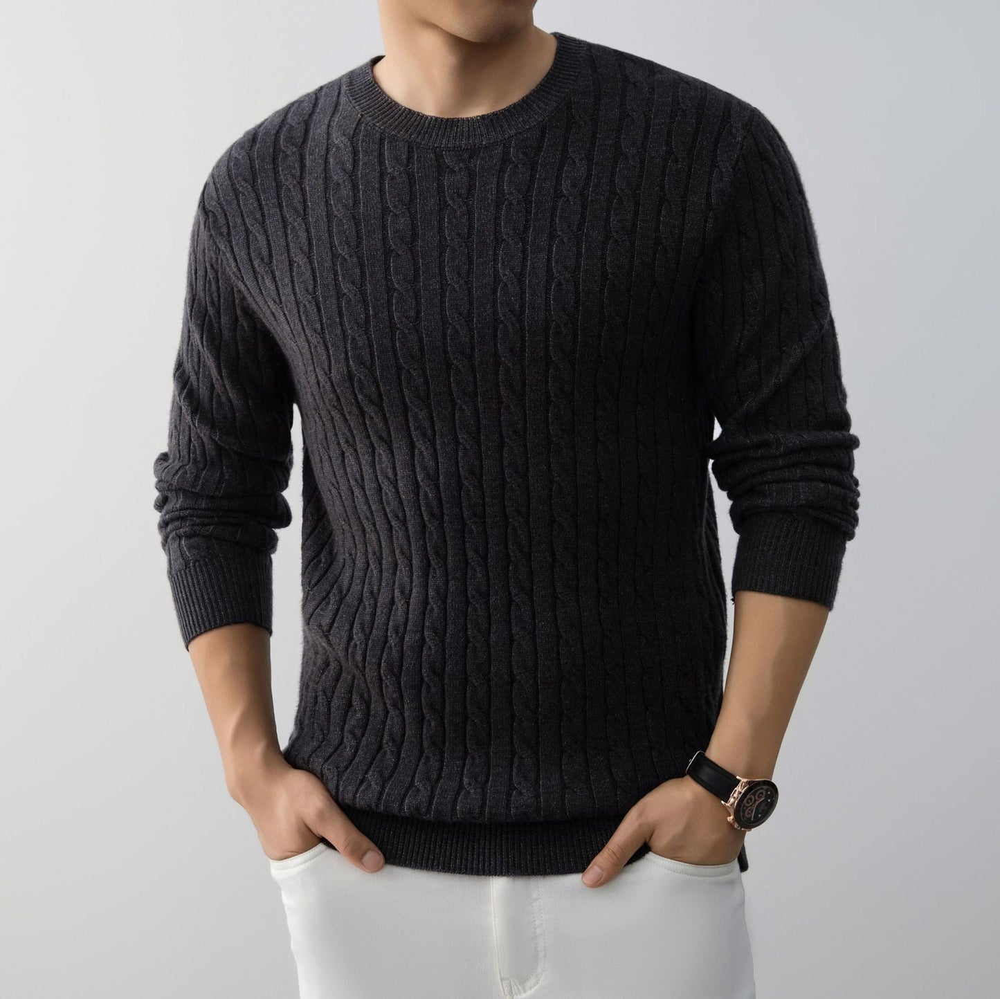 Herren Jacquard Pullover Lockerer Schnitt Langarm – Woll-Mischung