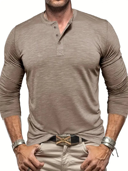 Herren Langarm Henley T-Shirt Mit Knopfleiste