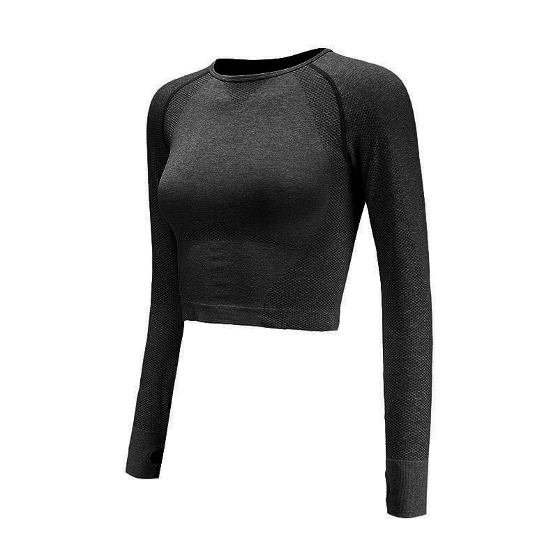 Schwarzes, langärmeliges, nahtloses Damen-Crop-Top aus atmungsaktivem Material, ideal für Fitness und Sport.