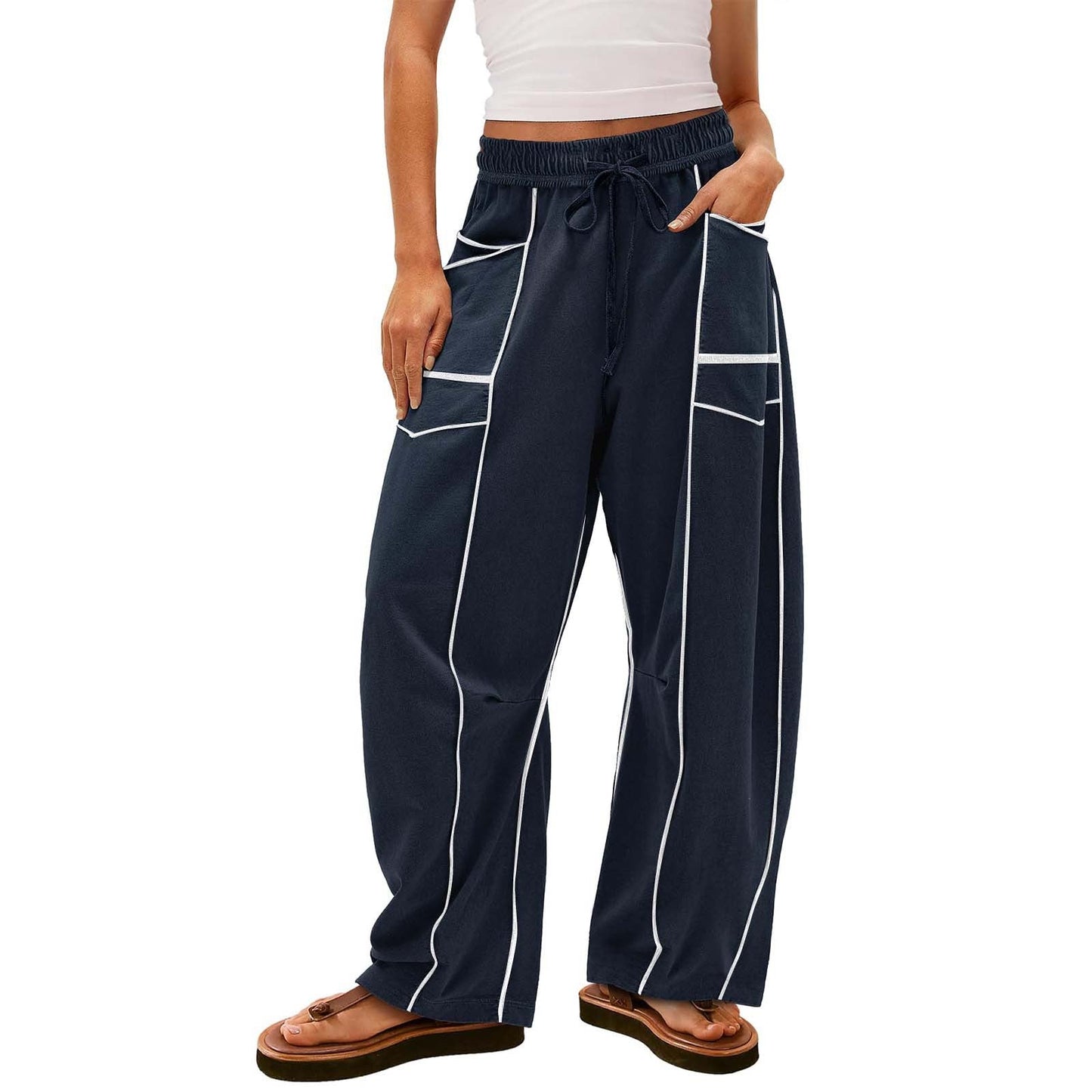 Women's Wide Pants with Drawstring, Striped Design and Side Pockets