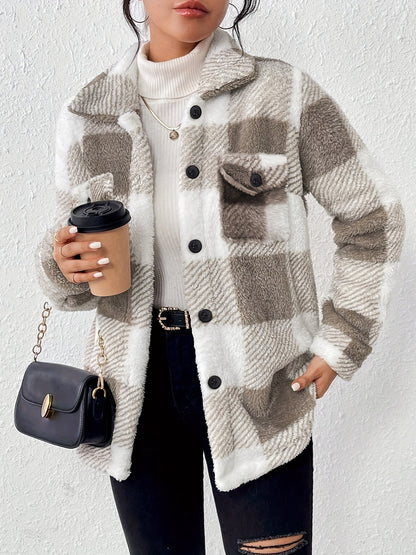 Damen Fleece Cardigan Karomuster Knopfleiste Lockerer Schnitt Langarm – Herbst und Alltag