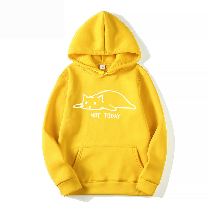 Women's hooded pullover with cat print and front lacing