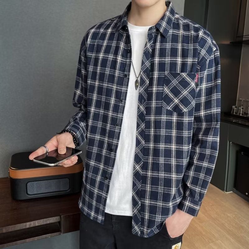Long-sleeved checked men's shirt for spring with a slim fit