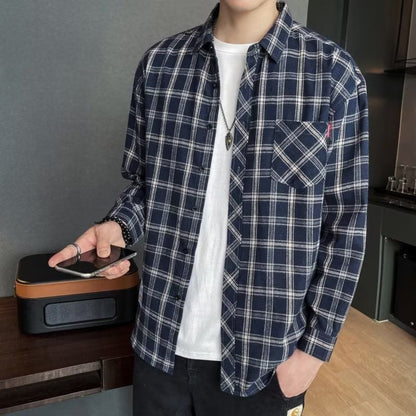 Long-sleeved checked men's shirt for spring with a slim fit