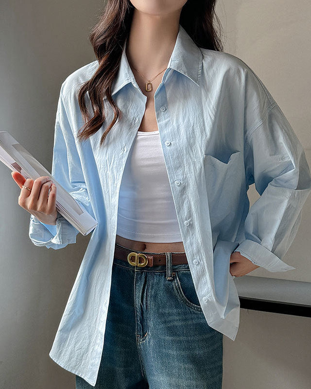 Women's Long-Sleeve Shirt in Solid Color with Loose Fit and Extended Size Options