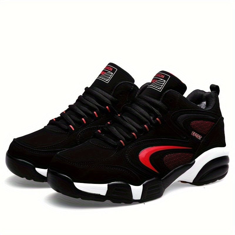 Schwarze und rote Sportschuhe mit dicker Sohle, ideal für Laufen und Fitness. Modisches Design, atmungsaktiv und bequem für den täglichen Gebrauch.
