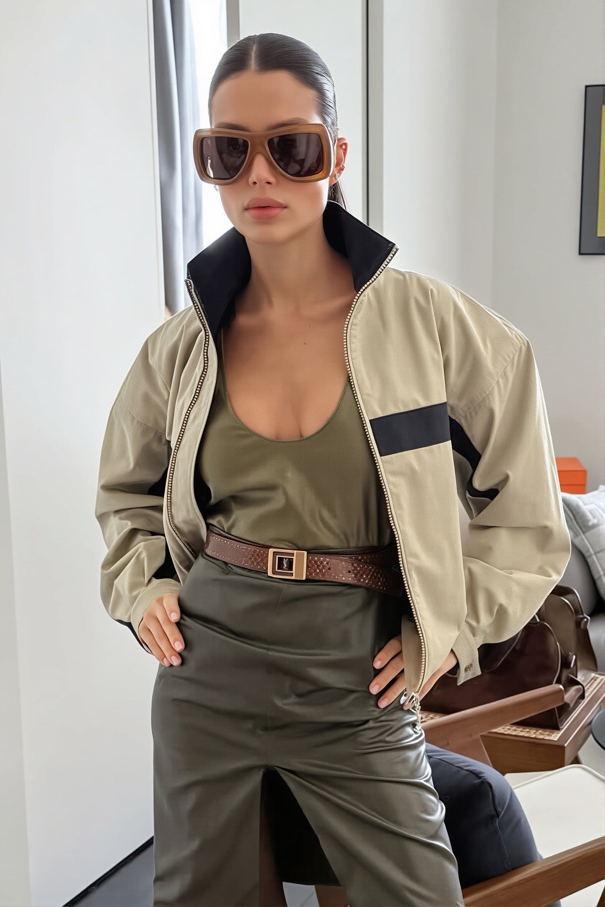 Rückansicht der Damen-Kurzjacke mit Stehkragen und Farbblock