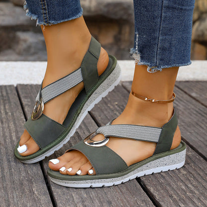 Damen-Sandalen Mit Fischmaul-Riemen, Metallschnalle Und Seildetails – Lederoptik