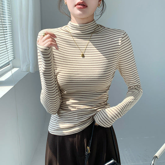 Women's shirt with half collar, long sleeves, and pinstripes
