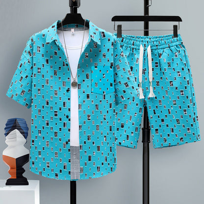 Men's Summer Sport Short-Sleeve Two-Piece Set Straight-Cut Shorts Matching Outfit