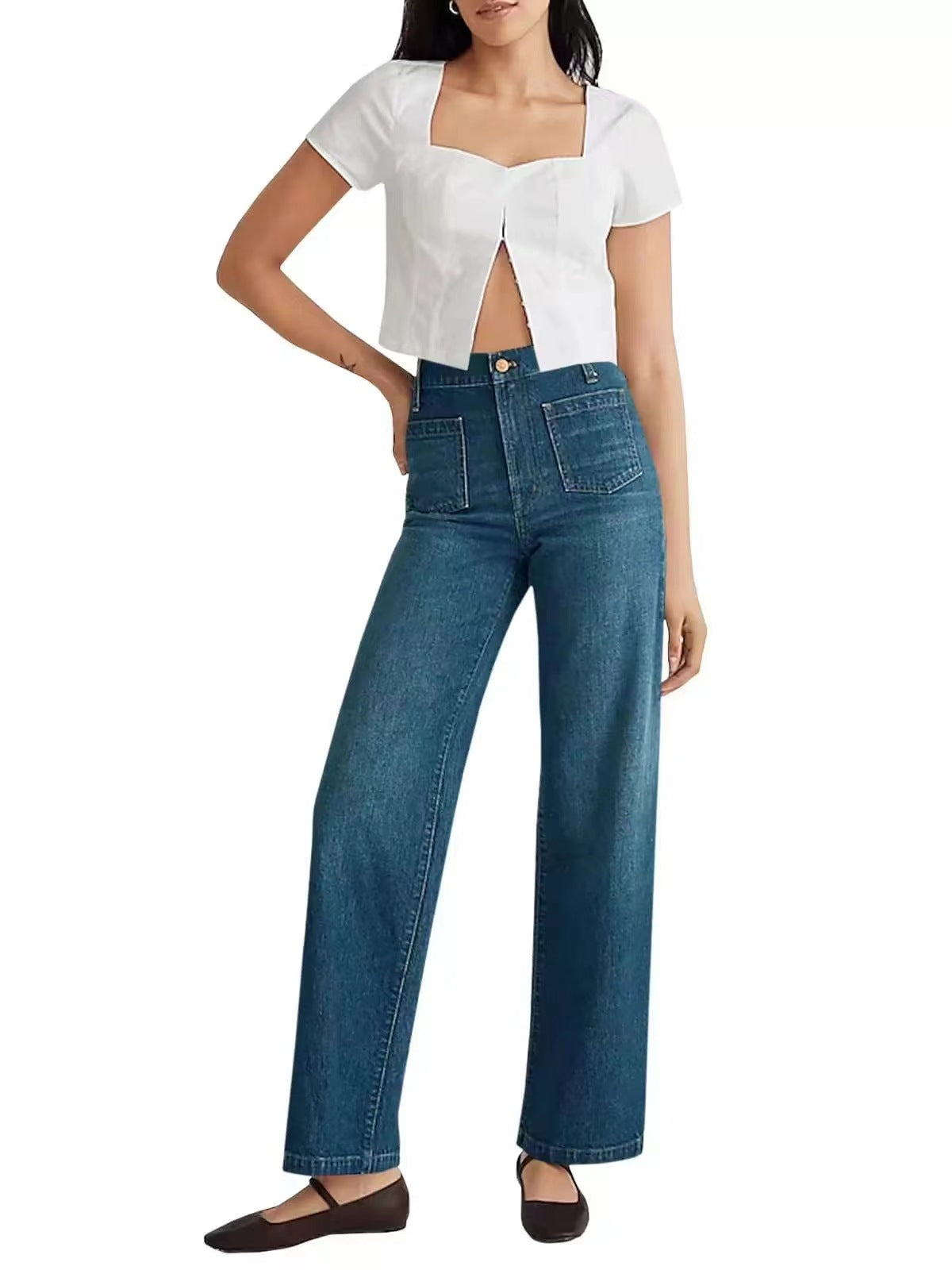 Damen Hochtaillen-Weitbein-Jeans mit Used-Effekten und eckigen Taschen