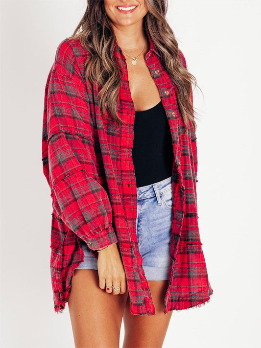 Women's Button-Down Checkered Shirt with Mineral Washing, Long and Oversized with Pocket