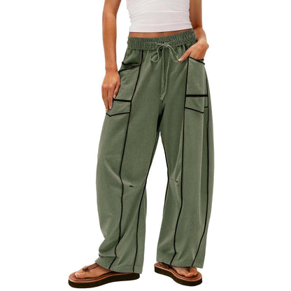 Women's Wide Pants with Drawstring, Striped Design and Side Pockets