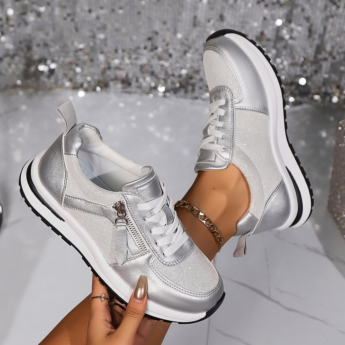 Damen-Sneaker Mit Seitlichem Reißverschluss, Fußgewölbeunterstützung Und Rutschfester Sohle