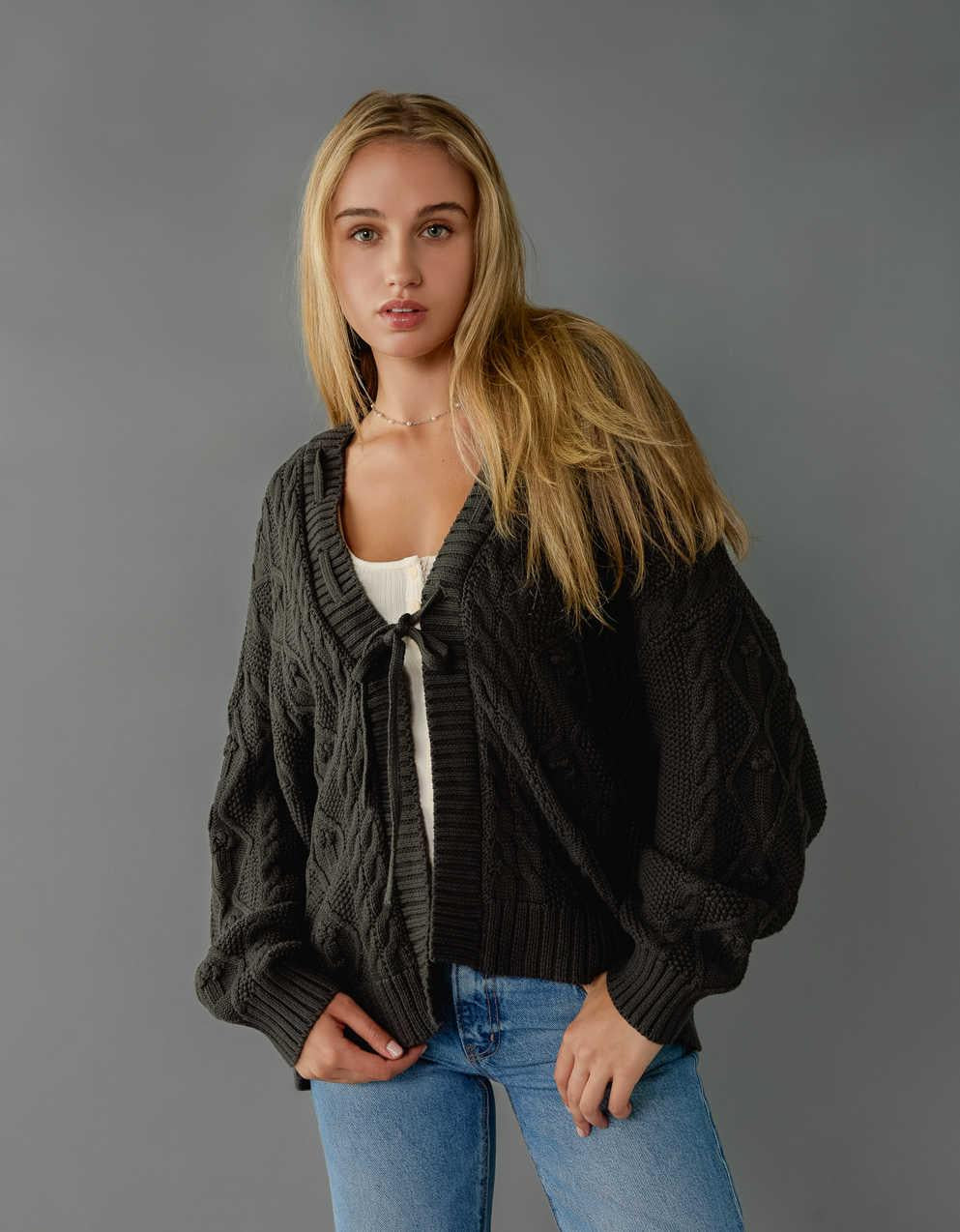 Damen Zopfmuster Strickjacke Mit Offener Vorderseite Und Geripptem Saum