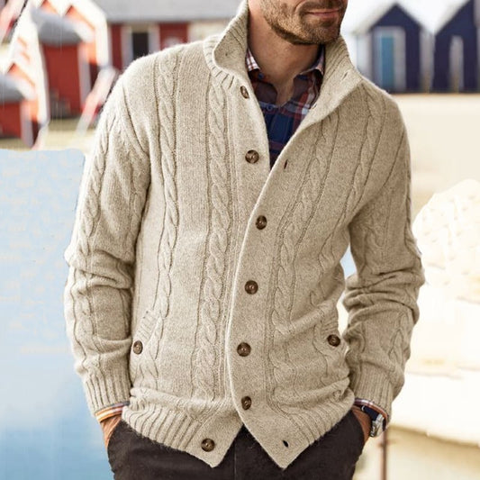 Men's Winter Knitted Jacket with Stand-up Collar and Twisted Pattern