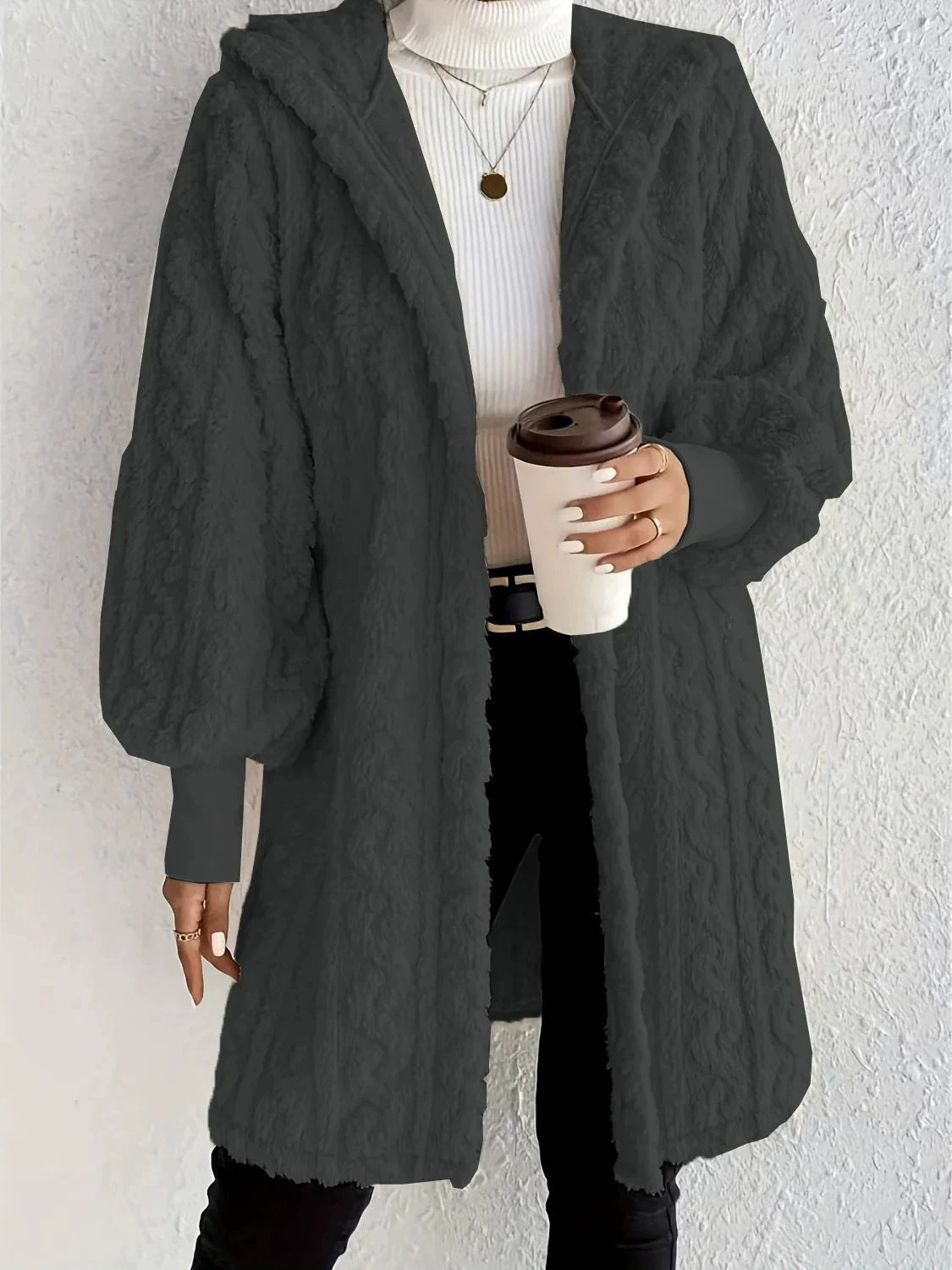 Women's Long Hooded Coat with Plush and Ribbed Cuffs – Comfortable Style
