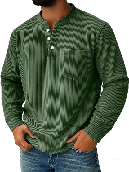 Herren Langarm Henley Shirt mit Drei Knopf Kragen – Strukturierte Oberfläche Normale Passform