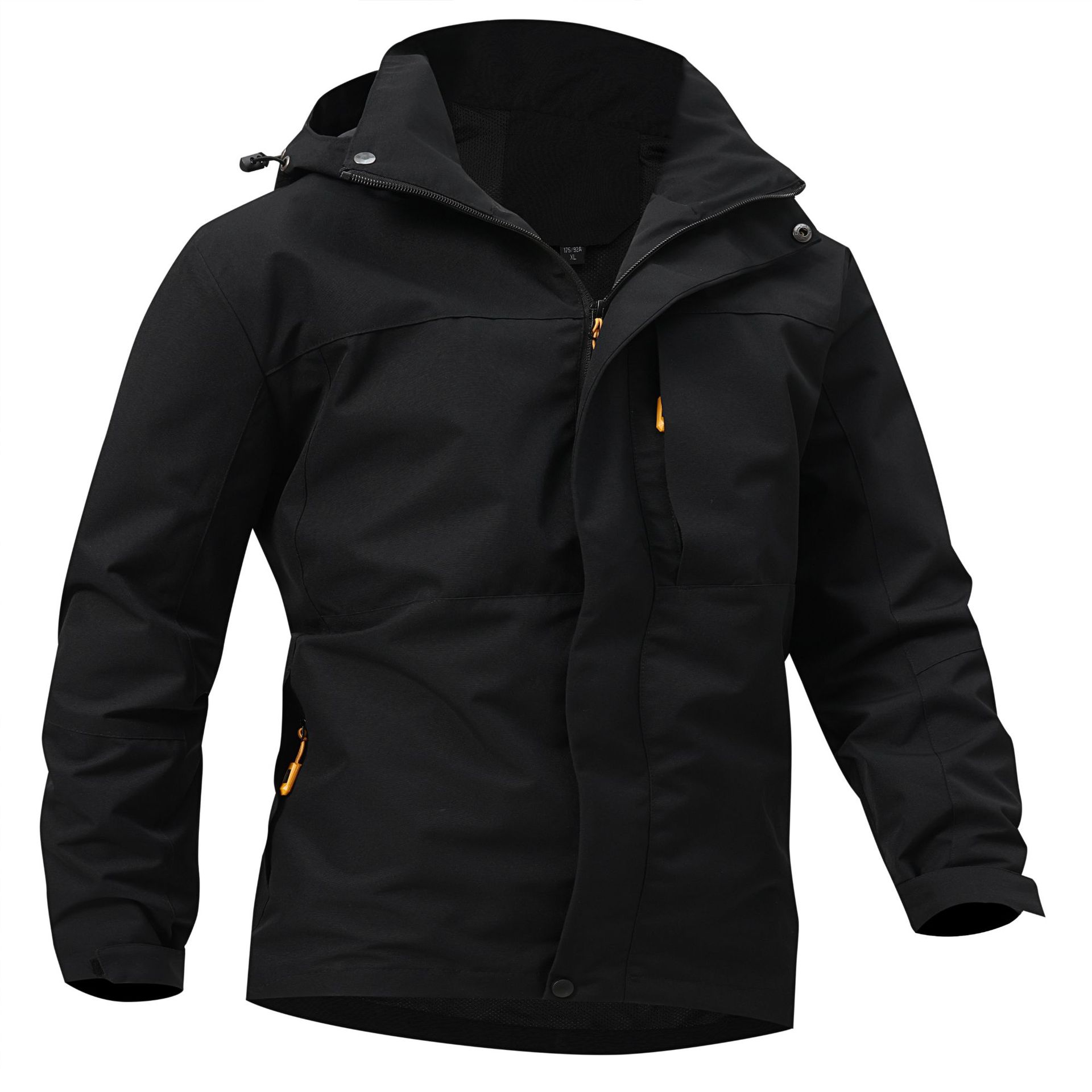 Schwarze Outdoor-Jacke mit Kapuze, wasserdicht und winddicht, ideal für Herren. Funktionale Taschen, Reißverschluss, atmungsaktives Material.